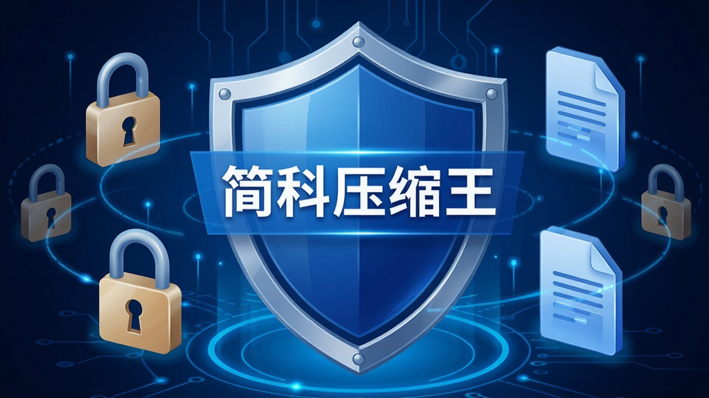 一张简科压缩王安全防护主题的插图,画面中央是一个盾牌图标,盾牌上写着“简科压缩王”,盾牌周围环绕着锁和文件图标,背景是深蓝色科技光效,风格安全可靠,细节精致,画质高清干净,无多余元素