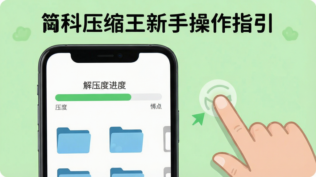 一张简科压缩王新手操作指引图,画面中手机屏幕显示解压进度条和文件夹图标,旁边有手指点击的示意,背景是浅绿色,风格清新友好,布局简洁,细节清晰,画质高清干净,无多余元素
