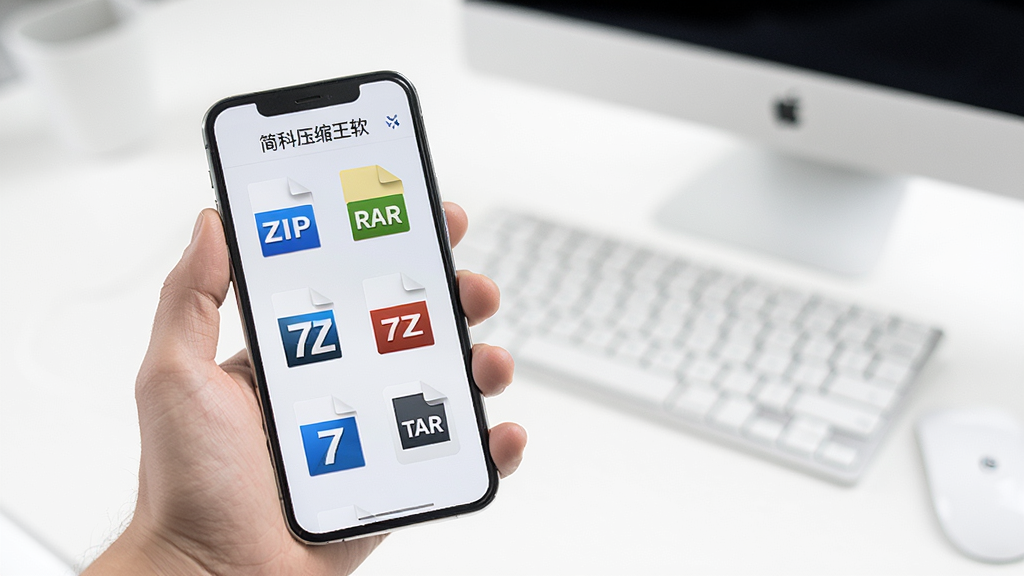 一张简科压缩王软件的功能展示图,画面中一只手拿着手机,屏幕上显示多个压缩文件格式图标ZIP、RAR、7Z、TAR整齐排列,背景是干净的白色桌面,风格简约商务,细节清晰,画质高清干净,无多余元素