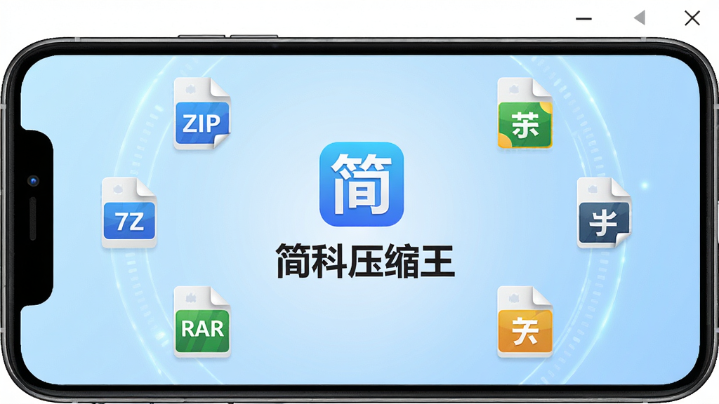 一张展示简科压缩王软件主界面的手机屏幕截图,画面中央是软件Logo和名称“简科压缩王”,背景是淡蓝色渐变,周围环绕着ZIP、RAR、7Z等压缩格式图标,风格简洁科技感,布局清晰,细节丰富,画质高清干净,无多余元素