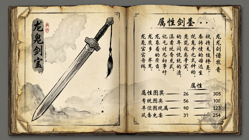 主体为一本摊开的古代剑谱图鉴,布局采用左右翻页式排版,左侧展示一把名为“龙泉”的宝剑插画,右侧为文字介绍与属性数值,风格为国风水墨与羊皮纸质感结合,细节包含泛黄的纸页边缘与毛笔字迹,画质高清,画面干净,无多余元素。