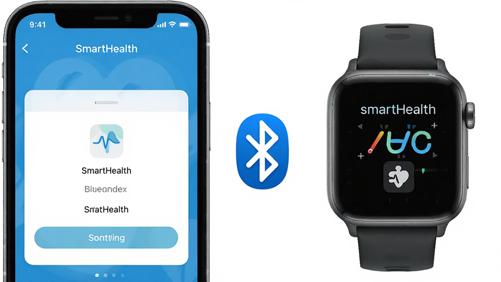 SmartHealth应用与智能手表蓝牙连接示意图,画面左侧为手机显示配对界面,右侧为SmartHealth手表,中间用蓝牙图标连接,背景为白色,风格简约科技感,布局左右对称,细节清晰,画质高清,干净无多余元素
