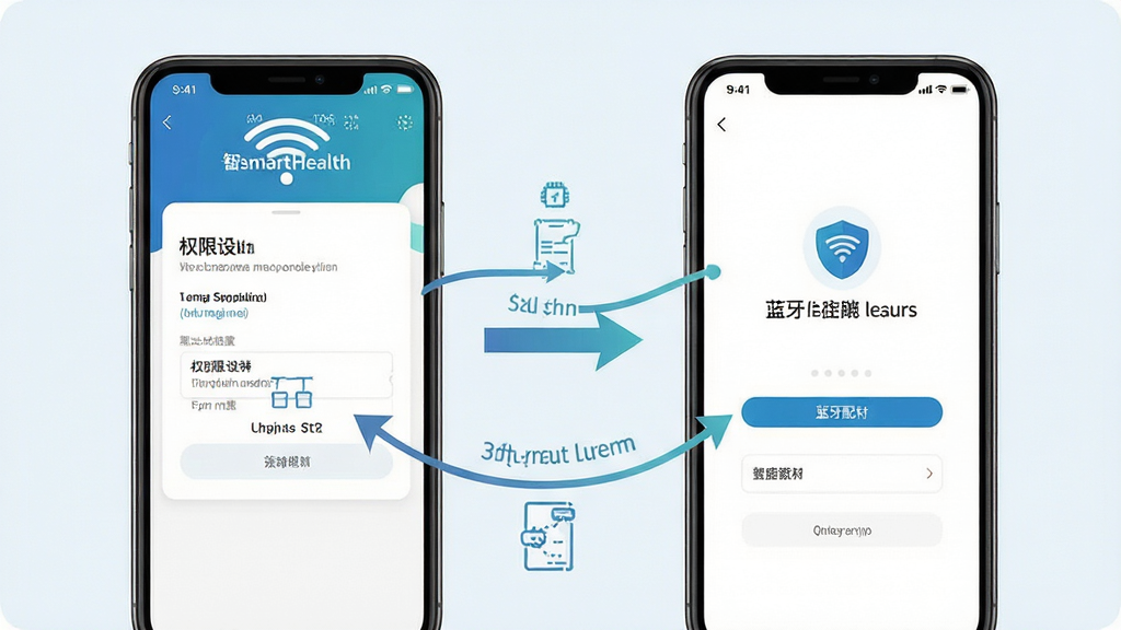 SmartHealth新手操作指引示意图,画面展示手机屏幕显示应用权限设置页面和蓝牙配对界面,旁边有箭头标注操作步骤,背景为浅色,风格清晰直观,布局整洁,细节明确,画质高清,干净无多余元素
