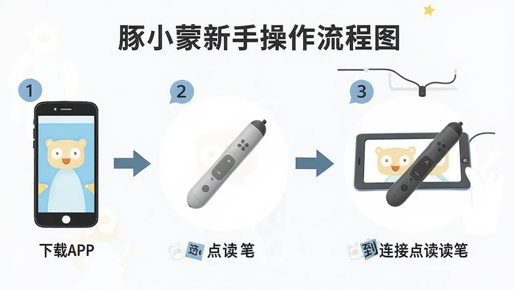 豚小蒙新手操作流程图,画面以步骤图形式展示从下载APP到连接点读笔的完整过程,布局为横向流程图,风格为简洁信息图,细节包括手机图标、点读笔图标、箭头连接、步骤编号,画质清晰干净,无多余元素