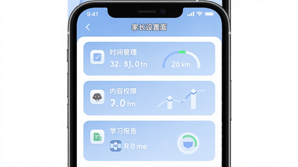豚小蒙家长管控界面示意图,画面展示手机屏幕上的家长设置面板,包含时间管理、内容权限、学习报告等模块,布局为手机界面居中展示,风格为扁平化UI设计,细节包括清晰的图标、柔和的蓝色主色调、数据图表元素,画质清晰干净,无多余元素