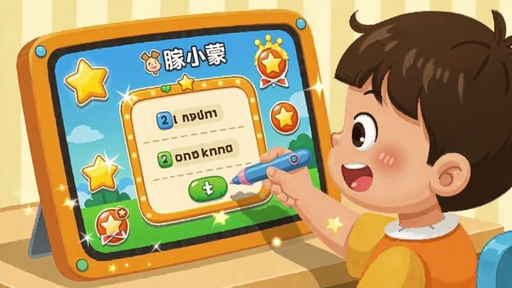 豚小蒙互动游戏场景图,画面中孩子正拿着点读笔参与屏幕上的互动游戏,屏幕显示卡通风格的答题界面,周围有星星和奖励图标,布局为孩子与屏幕的互动视角,风格为活泼儿童插画风,细节包括孩子的笑脸、色彩鲜艳的游戏元素、动态光效,画质清晰干净,无多余元素