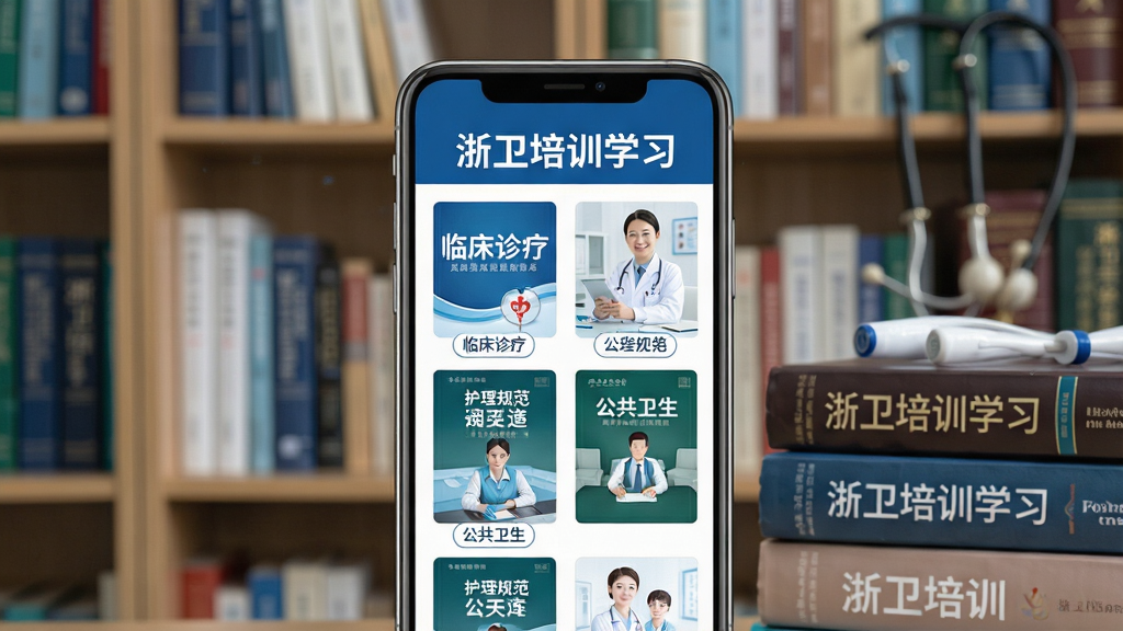 浙卫培训学习权威课程资源库界面展示,画面中央为手机屏幕,屏幕内显示多门医学课程封面排列整齐,包含“临床诊疗”“护理规范”“公共卫生”等分类标签,屏幕上方有“浙卫培训学习”字样,背景为书架与医学教材,风格专业严谨,细节清晰,画质干净,无多余元素