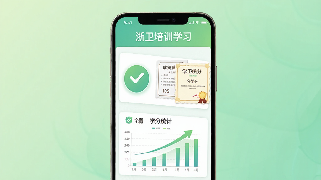 浙卫培训学习在线考试与学分管理界面,手机屏幕显示考试答题页面与学分统计图表,屏幕上方标注“浙卫培训学习”,画面包含对勾图标、成绩单、学分证书等元素,背景为浅绿色渐变,风格简洁明快,高清画质,无杂乱元素