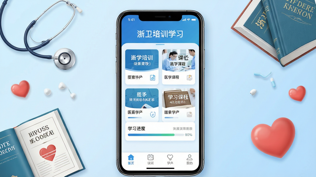 手机屏幕展示浙卫培训学习应用主界面,上方显示软件名称“浙卫培训学习”,中部排列医学课程卡片与学习进度条,下方有底部导航栏,背景为淡蓝色渐变,周围环绕听诊器、医学书籍、爱心等元素,整体风格清新专业,画面干净整洁,高清画质,无多余元素