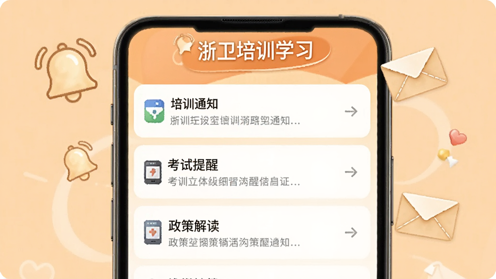 浙卫培训学习消息通知界面,手机屏幕显示通知列表,包含培训通知、考试提醒、政策解读等条目,屏幕上方有“浙卫培训学习”标识,画面周围有铃铛图标和信封图标,背景为浅橙色,风格温暖清晰,高清画质,无多余元素