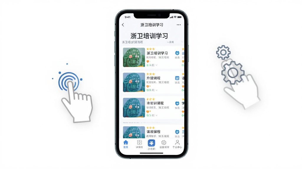 浙卫培训学习移动端操作界面示意图,画面展示手机屏幕内应用首页布局,标注“浙卫培训学习”标题,屏幕中显示课程列表、底部导航栏和个人中心入口,周围配有手指点击图标和设置齿轮图标,背景为白色,风格简洁清晰,画质干净,无多余元素