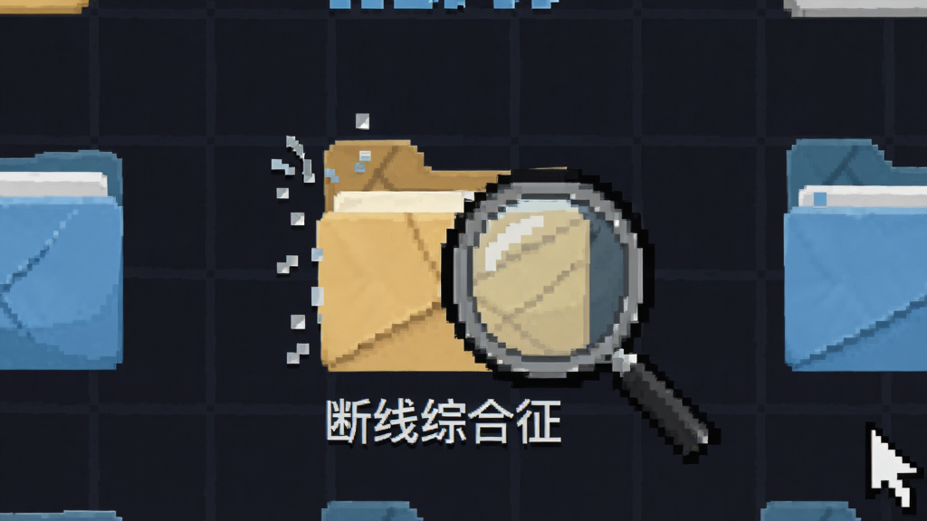 画面展示一个像素风格的电脑桌面,桌面上排列着多个文件夹图标,其中一个文件夹名为“断线综合征”,图标正在闪烁,旁边有一个放大镜正对准该文件夹,背景是深色网格,风格简约,细节包括文件夹上的折痕和鼠标指针,画质清晰,干净,无多余元素