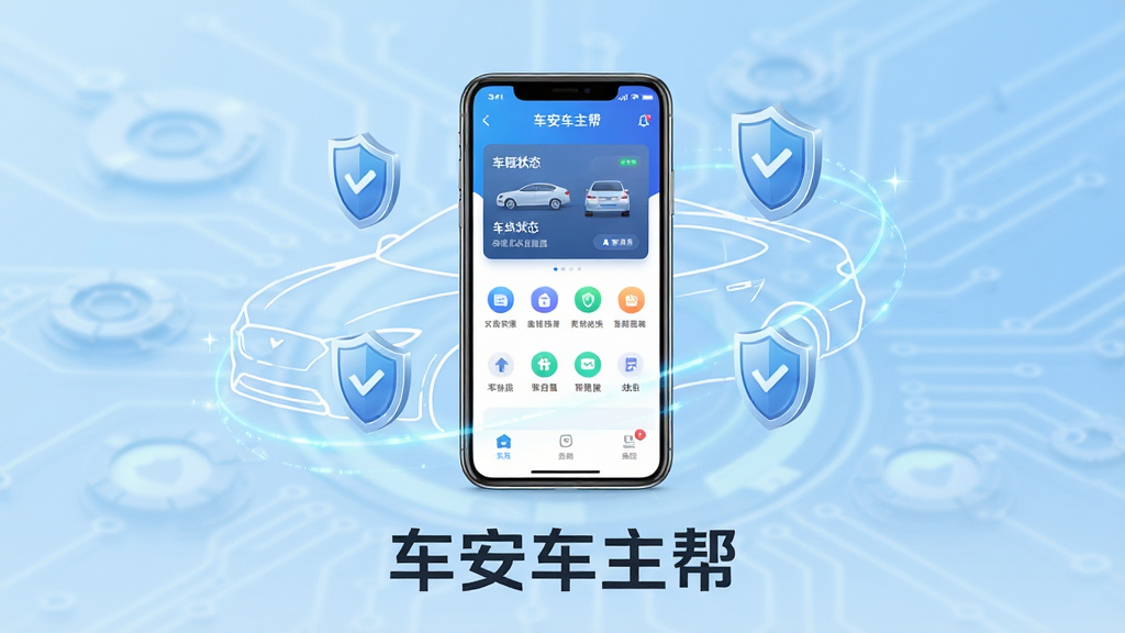 画面中央展示一部智能手机,手机屏幕上显示车安车主帮APP的首页界面,界面中有车辆状态卡片和功能图标,手机周围环绕汽车轮廓线条和盾牌安全图标,背景为浅蓝色渐变科技风格,画面下方有“车安车主帮”文字标识,布局简洁,排版居中,风格现代科技感,细节清晰,画质高清,干净无多余元素