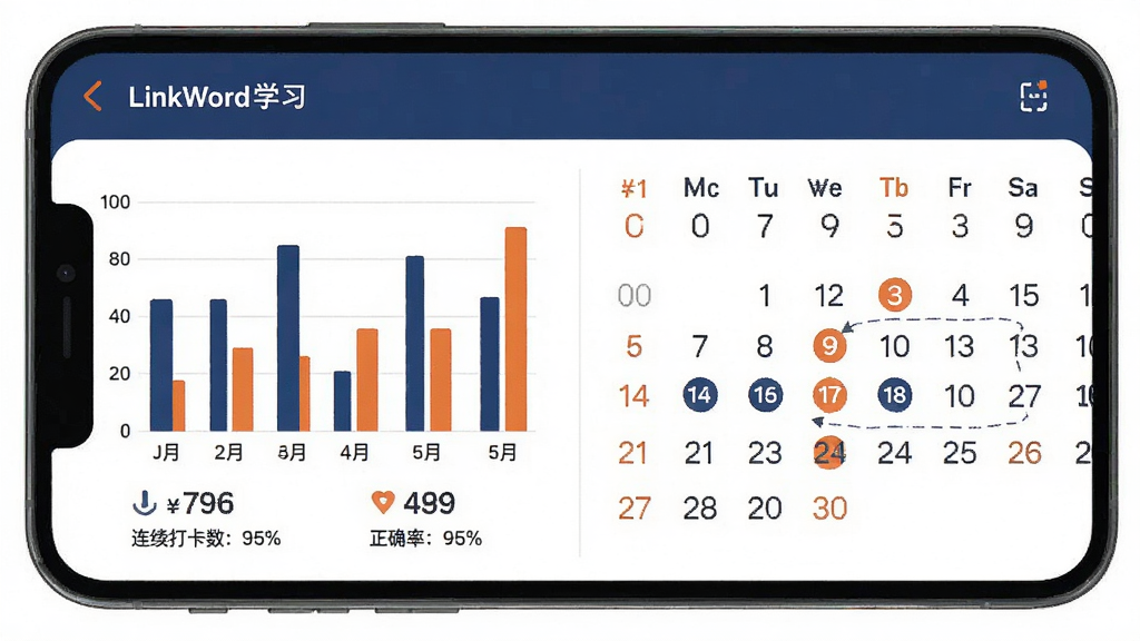 LinkWord学习数据统计页面,手机屏幕显示柱状图和日历打卡记录,布局上下分区,风格现代扁平,深蓝与橙色点缀,细节包含连续打卡天数和正确率百分比,画质清晰,干净,无多余元素