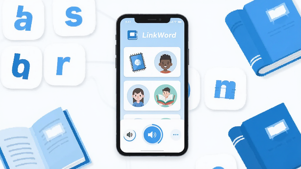 LinkWord软件主界面展示图,画面中央是一部智能手机,屏幕显示单词卡片与联想图片,周围环绕英语字母和书籍元素,布局简洁居中,扁平化设计风格,明亮蓝色与白色主色调,细节包含单词本图标、发音按钮、进度环,画质清晰,干净,无多余元素