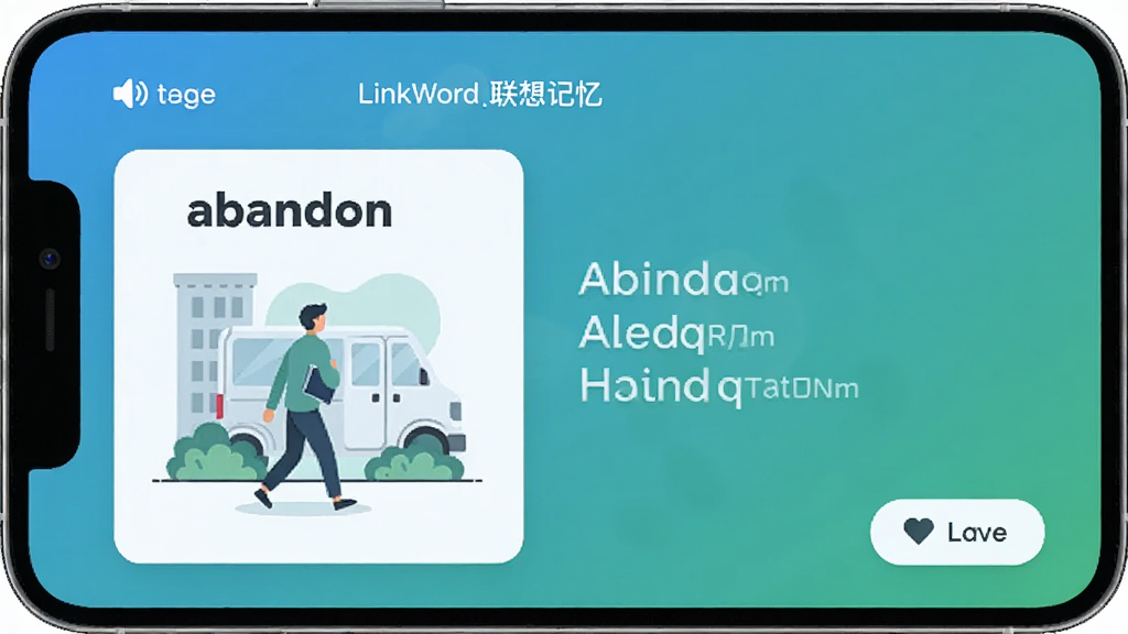 LinkWord联想记忆功能界面,手机屏幕显示单词“abandon”与一张人物离开的插图,旁边有词根拆解标注,布局为卡片式上下结构,风格清新现代,蓝绿渐变背景,细节包含发音图标和收藏按钮,画质清晰,干净,无多余元素