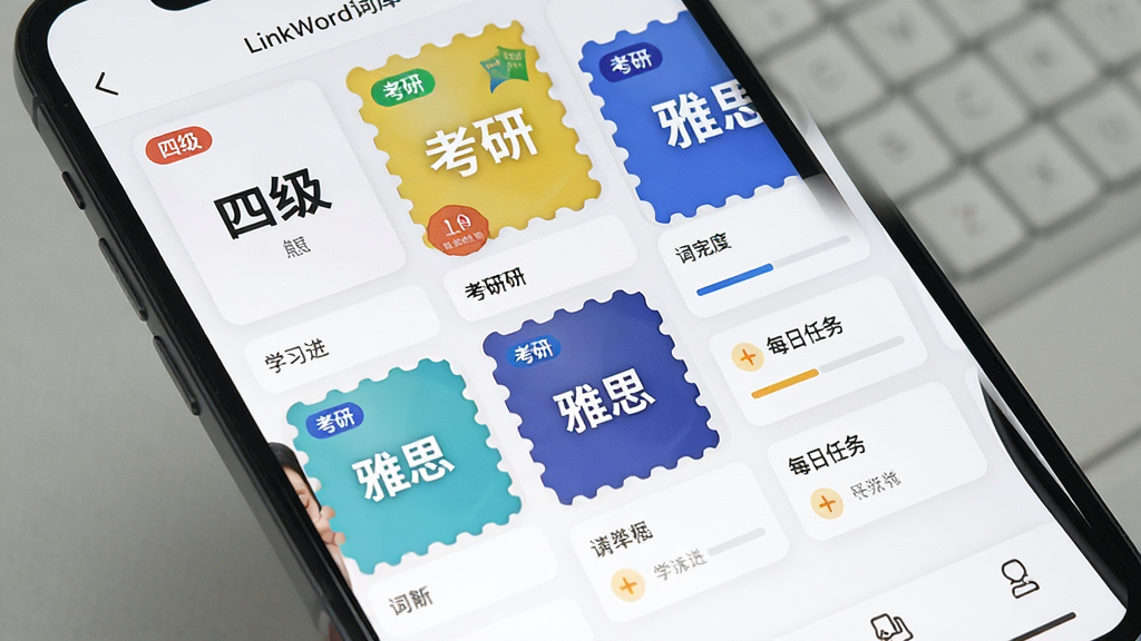 LinkWord词库选择界面,手机屏幕展示多个词库封面如“四级”“考研”“雅思”,布局为网格排列,风格简约清爽,白色背景配合彩色标签,细节包含学习进度条和每日任务卡片,画质清晰,干净,无多余元素