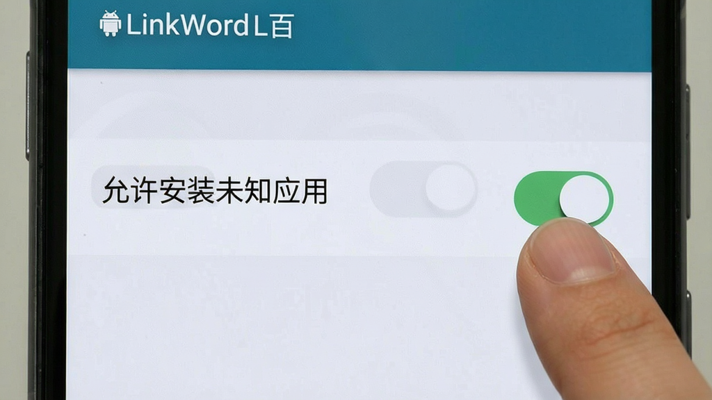 LinkWord安卓手机安装权限设置界面示意图,画面展示手机设置页面中“允许安装未知应用”的开关,布局为上下结构,风格写实清晰,细节包含手指点击开关的动作,画质清晰,干净,无多余元素