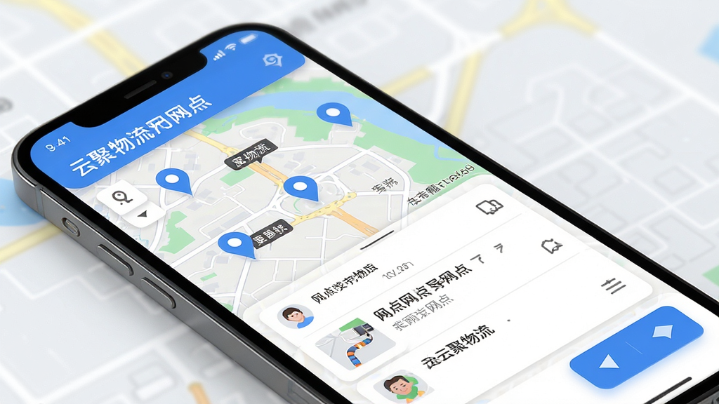云聚物流附近网点导航界面,主体为手机屏幕显示地图和网点列表,布局地图上覆盖标记点,排版清晰,风格现代实用,细节有距离标注和导航按钮,画质高清,干净,无多余元素