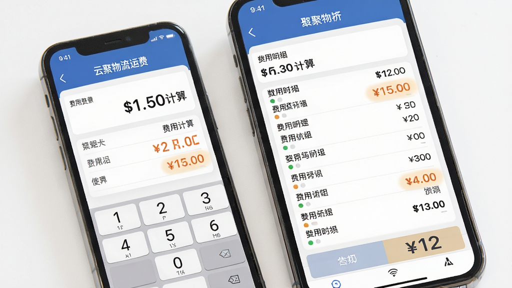 云聚物流运费估算页面展示,主体为手机屏幕显示价格计算器和费用明细列表,布局模块化,排版直观,风格简约商务,细节有数字键盘和价格高亮显示,画质高清,干净,无多余元素