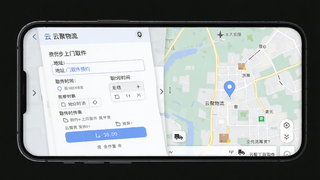 云聚物流上门取件预约界面,主体为手机屏幕显示预约表单和地图选点,布局分步引导式,排版整齐,风格清新简洁,细节有地址输入框和取件时间选择器,画质高清,干净,无多余元素