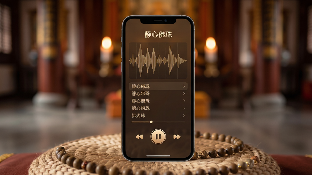 一张展示静心佛珠音频播放界面的图片,主体是手机屏幕显示着音频波形图和播放控制按钮,屏幕中央有“静心佛珠”文字和播放列表,背景是模糊的寺庙殿堂与摇曳的烛光,手机放置在柔软的蒲团上,布局居中,风格温暖柔和,细节上音频波形起伏自然,按钮图标精致,画质高清,干净无多余元素。