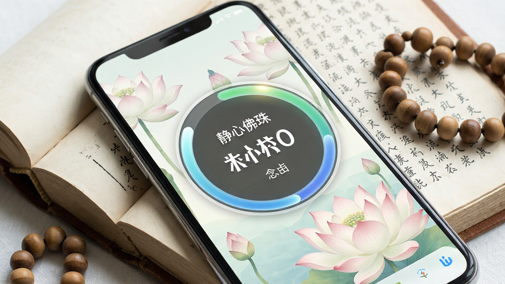 一幅展示静心佛珠应用内计数统计界面的图片,画面主体是手机屏幕显示着圆环进度条和每日念诵数字,进度条显示已完成“静心佛珠”功课目标,屏幕背景是淡雅的莲花图案,手机平放在一本翻开的经书上,周围散落几颗木质佛珠,布局简洁明了,风格清新素雅,细节上进度条的光泽和数字的清晰度极高,画质高清,干净无多余元素。
