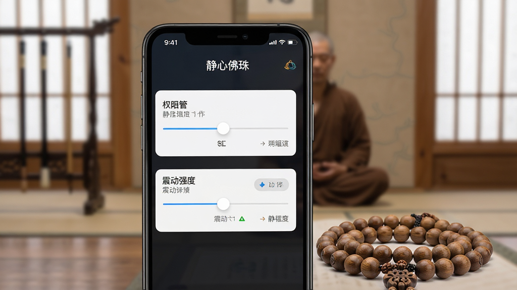 一张展示静心佛珠应用设置界面的图片,主体是手机屏幕显示着权限管理和震动强度调节滑块,屏幕上方有“静心佛珠”标题,背景是模糊的禅意书房,手机旁边放着一串真实的木质佛珠,布局清晰,风格实用简洁,细节上滑块位置和文字说明清晰可见,画质高清,干净无多余元素。