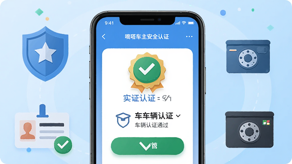 嘀嗒车主安全认证界面展示,画面中央是手机屏幕显示实名认证和车辆认证通过标识,周围环绕盾牌、身份证、驾驶证等图标元素,背景为浅蓝色渐变,风格为科技感扁平插画,细节包括认证徽章和绿色对勾,画质高清干净无多余元素