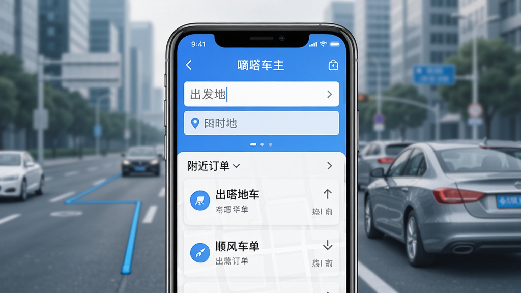 嘀嗒车主APP主界面展示,画面中央是一部智能手机,屏幕上显示嘀嗒车主顺风车接单页面,包含出发地目的地输入框和附近订单列表,背景为城市道路与私家车,整体布局简洁清晰,风格为现代扁平化UI设计,细节包括蓝色主题色图标和地图路线,画质高清干净无多余元素