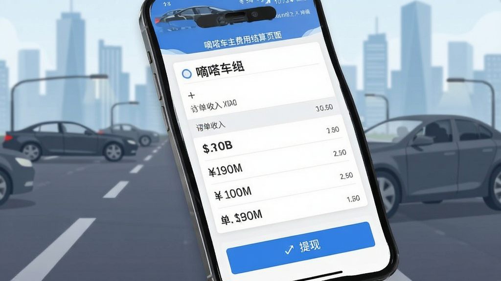 嘀嗒车主费用结算页面,手机屏幕显示订单收入明细和提现按钮,背景为城市道路与汽车轮廓,布局为上下结构,风格为清爽商务扁平风,细节包括金额数字、账单列表和蓝色按钮,画质高清干净无多余元素