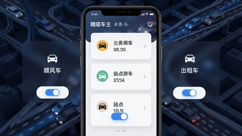嘀嗒车主多业务模式切换界面,手机屏幕展示顺风车、出租车、站点拼车三个功能卡片,背景为城市交通路网抽象图案,布局为三栏卡片式,风格为现代简约UI设计,细节包括图标、文字标签和切换按钮,画质高清干净无多余元素