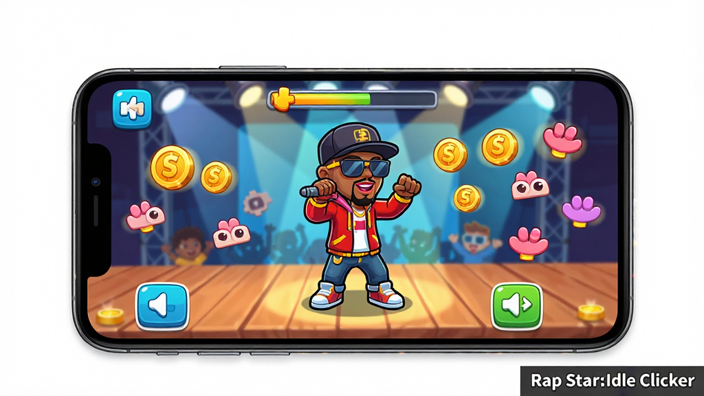 一部智能手机屏幕显示Rap Star:Idle Clicker游戏界面,画面中一位卡通嘻哈歌手正在舞台上表演,屏幕周围有金币和粉丝图标飘动,布局为手机竖屏特写,排版简洁,风格为明亮的卡通游戏风格,细节包括游戏UI按钮、进度条与人物动作,画质高清,干净无多余元素,图片角落标注“Rap Star:Idle Clicker”