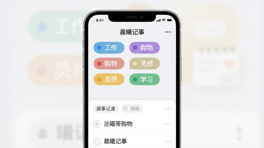 һ��չʾ�����ؼ��¡���ǩ�������ܵĽ���ʾ��ͼ���ֻ���Ļ����ʾ������ɫ��ǩ����ǩ���ְ��������������������С���ѧϰ����ÿ����ǩ���в�ͬ��ɫԲ�㣬�·��Ǿ���ɸѡ��ļ����б�������Ϊ�����ֻ����棬���Ϊ�ִ���ԼǳɫUI��ϸ�ڰ���Բ�Ǳ�ǩ�顢�������塢��ͱ��������ʸ��壬�ɾ����޶���Ԫ��
