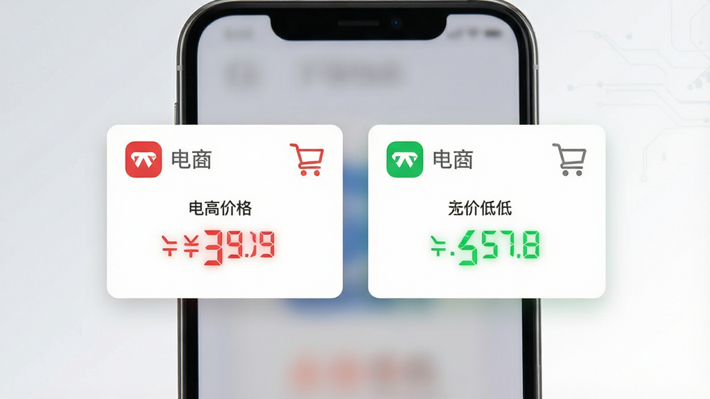 一张表现呆萌价比价功能的示意图,主体是手机屏幕中展示两个电商平台的价格对比卡片,左侧卡片标价较高用红色数字,右侧卡片标价较低用绿色数字,布局为左右并排居中,背景为浅灰色到白色渐变,风格极简科技感,细节上卡片带有小购物车图标和平台logo轮廓,画质高清,画面干净无多余元素