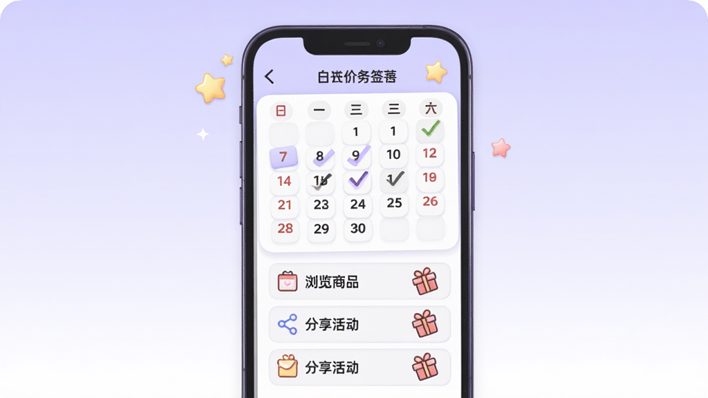 一张展示呆萌价签到任务页面的插画,主体是手机屏幕中显示日历签到网格和任务列表,日历上有部分日期打勾,任务列表包含“浏览商品”“分享活动”等条目,布局为上下结构居中,背景为淡紫色到白色渐变,风格清新可爱,细节上带有星星和小礼物图标,画质高清,画面干净整洁