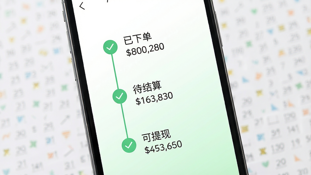 一张展示呆萌价返利追踪页面的手机截图风格图片,主体是手机屏幕内显示返利进度时间线,节点包括“已下单”“待结算”“可提现”,布局为纵向排列在屏幕中央,背景为白色到浅绿色渐变,风格简洁商务,细节上每个节点配有对勾图标和金额数字,画质高清,画面干净无杂乱元素