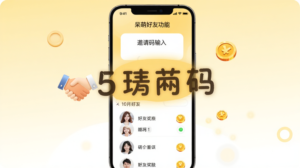 一张表现呆萌价邀请好友功能的图片,主体是手机屏幕中显示邀请码输入框和好友列表,邀请码用大号字体突出显示,布局为居中纵向排列,背景为浅黄色到白色渐变,风格温暖亲切,细节上带有握手图标和奖励金币元素,画质高清,画面干净无多余装饰