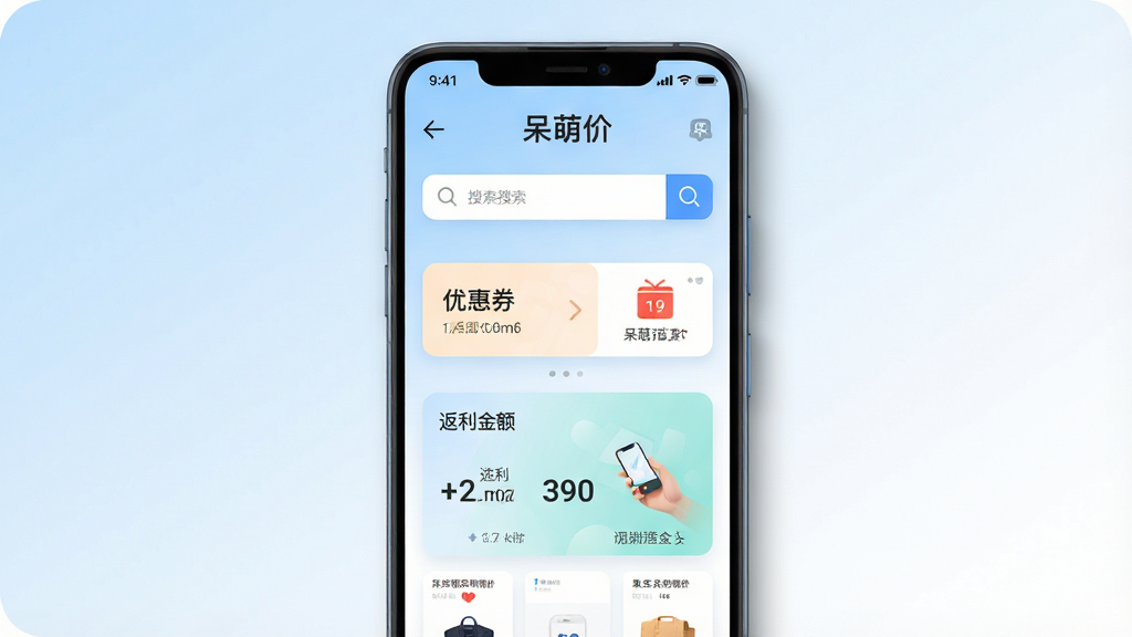 一张展示呆萌价应用核心界面的手机效果图,主体是一部竖屏安卓手机,屏幕上显示呆萌价首页,包含搜索框、优惠券入口和返利金额卡片,布局居中,背景为浅蓝到白色的柔和渐变,风格清爽现代,细节上手机边缘有轻微阴影和圆角,画面干净无多余元素,画质为高清2K,整体构图突出“呆萌价”三个字在顶部导航栏的位置
