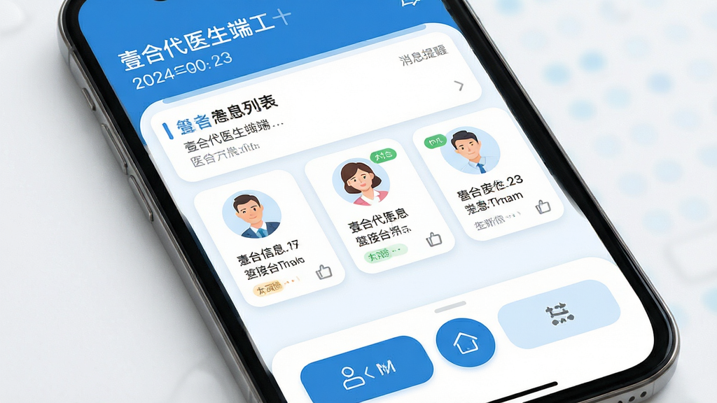 Ҽ�ϴ�ҽ���˹���̨���棬����Ϊ�ֻ���Ļ��д����Ļ��չʾ�������б�����Ϣ���ѿ�Ƭ������Ϊ�������У�������ʾҽ�����������ڣ��в�Ϊ���Ż�����Ϣ��Ƭ���ײ�Ϊ���ܰ�ť�����Ϊ��ˬҽ��������ɫ��ϸ�ڰ���Բ�ǿ�Ƭ��ϸС״̬��ǩ�����ͼ�꣬���ʸ��壬����ɾ����޶���Ԫ��