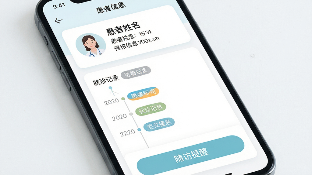 Ҽ�ϴ�ҽ���˻��ߵ���ҳ�棬����Ϊ�ֻ���Ļչʾ������Ϣ��Ƭ������Ϊ���½ṹ������Ϊ���������������Ϣ���в�Ϊ�����¼ʱ���ߣ��ײ�Ϊ������Ѱ�ť�����Ϊ���ǳɫҽ�ƽ��棬ϸ�ڰ���ʱ������������ǩɫ�顢��������Ű棬���ʸ��壬����ɾ����޶���Ԫ��