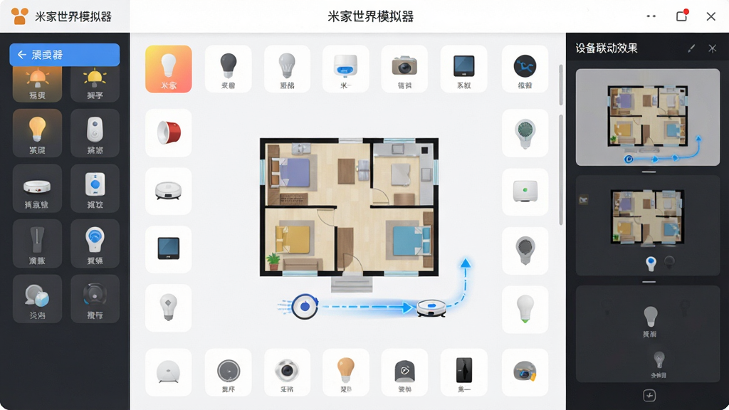 米家世界模拟器智能家居搭建界面,画面中心为可拖拽的房屋户型图,四周环绕智能设备图标库,右侧显示设备联动效果预览,布局采用中央画布加左右工具栏,风格为扁平化UI设计,细节包含灯光渐变、扫地机器人路径动画,画质高清,画面干净,图中文字为“米家世界模拟器”