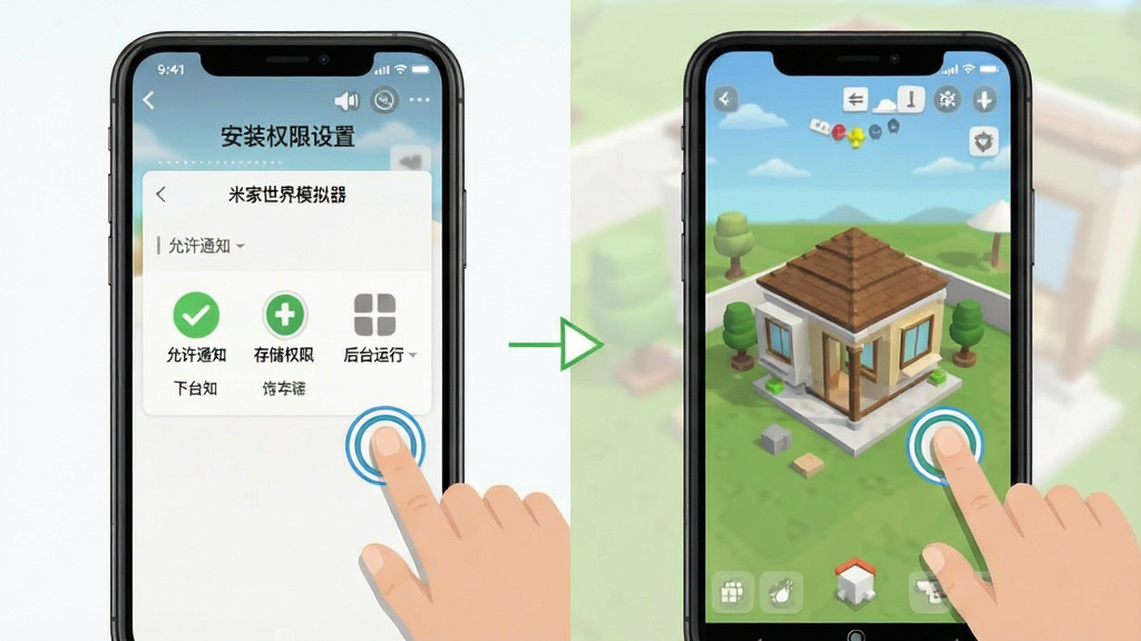 米家世界模拟器新手操作指引图,画面展示手机屏幕中游戏界面与手指点击操作示意,左侧为安装权限设置界面,右侧为游戏内建造模式,布局采用左右对比构图,风格为扁平化教程插画,细节包含勾选允许通知、存储权限、后台运行等图标,画质清晰,画面干净,图中文字为“米家世界模拟器”
