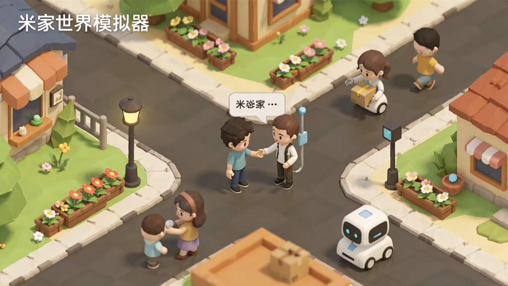 米家世界模拟器小镇社区全景图,画面展示卡通风格的小镇街道、居民角色与智能设备,中心为玩家角色与NPC对话场景,布局采用俯视45度角,风格为温暖治愈系低多边形,细节包含路灯、花坛、快递机器人,画质清晰,画面干净,图中文字为“米家世界模拟器”
