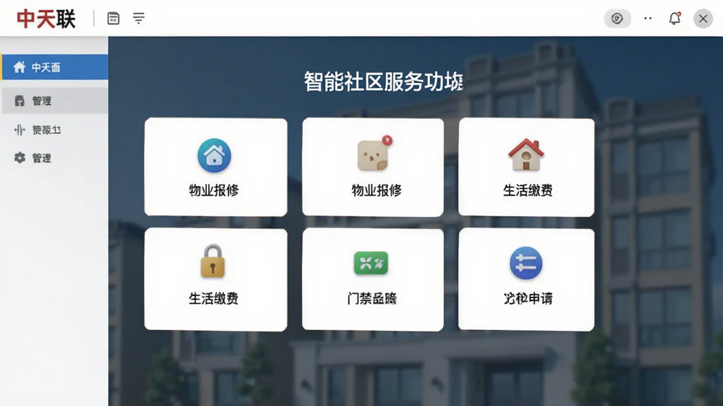 中天联每家软件主界面截图,画面中央展示智慧社区服务功能模块,包括物业报修、生活缴费、门禁申请等图标,布局整齐,排版清晰,风格现代简约,细节干净,画质清晰,无多余元素