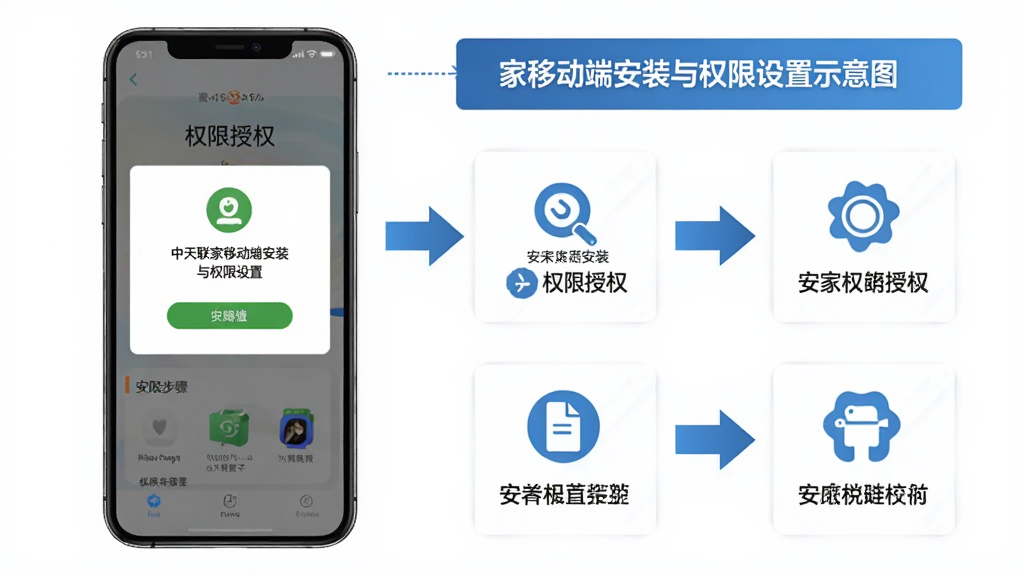 中天联每家移动端安装与权限设置示意图,画面中手机屏幕显示权限授权界面,旁边配有安装步骤箭头指引,布局清晰,风格教程类,细节干净,画质清晰,无多余元素