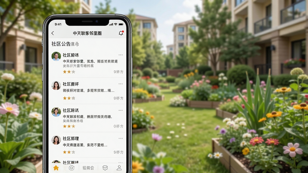 中天联每家邻里圈界面展示,画面中手机屏幕显示社区帖子列表和公告栏,背景为小区花园场景,布局整齐,风格清新,细节干净,画质清晰,无多余元素
