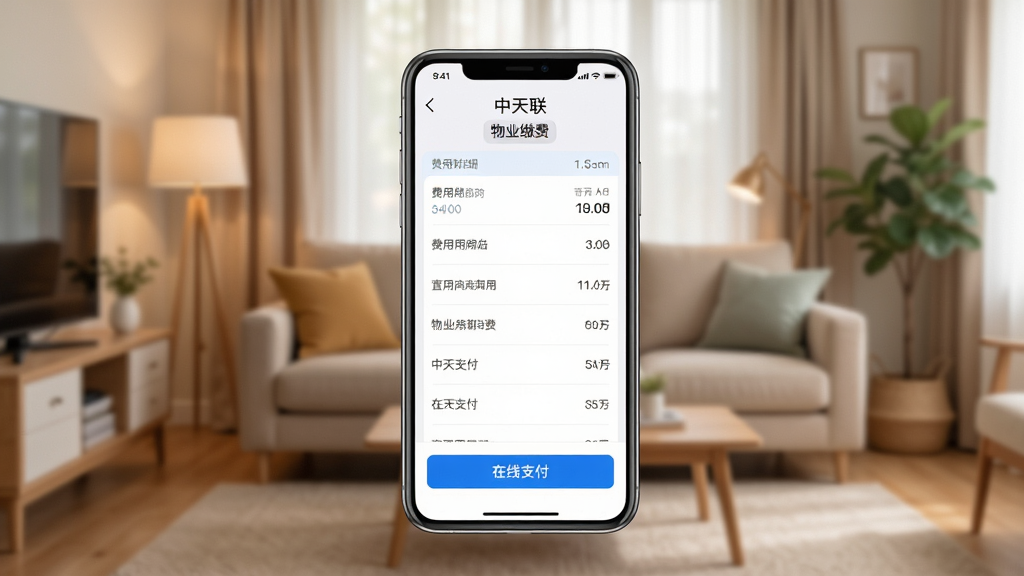 中天联每家物业缴费功能界面展示,画面中手机屏幕显示费用明细列表与在线支付按钮,背景为温馨的居家环境,布局居中,风格写实,细节清晰,画质干净,无多余元素
