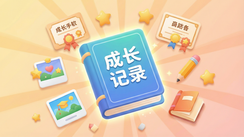 一张以“成长记录”软件界面为核心的插画,画面中央悬浮着一本发光的电子成长手册,手册封面写着“成长记录”四个字,周围环绕着照片、奖状、星星、铅笔和书本等元素,背景是柔和的暖色调渐变,布局采用中心放射状排版,风格为扁平化卡通插画,细节包含柔和阴影与圆角图标,画质清晰干净,无多余元素