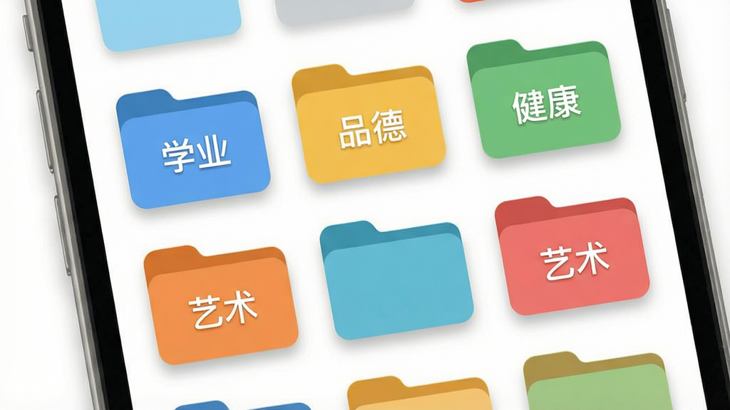 一张展示成长记录软件分类界面的示意图,主体为手机屏幕中显示多个彩色文件夹图标,分别标注“学业”“品德”“健康”“艺术”等字样,布局为整齐的网格排列,风格为清新扁平化设计,细节包含柔和的投影和圆角矩形,画质高清,干净整洁,无多余元素
